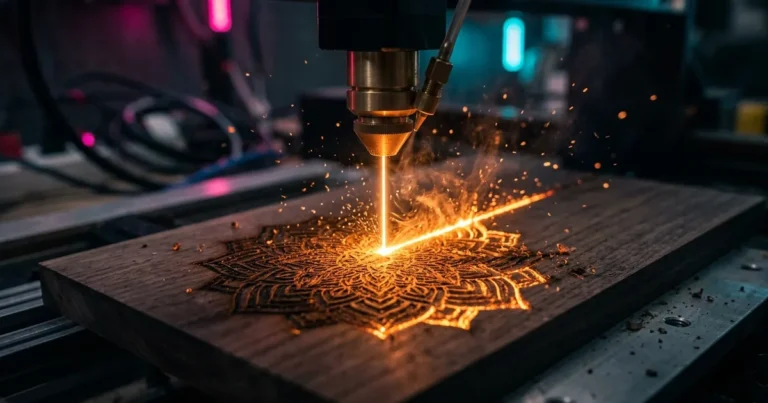 Máquina de grabado láser cortando pieza de madera con precisión en taller La Gráfica Tenerife